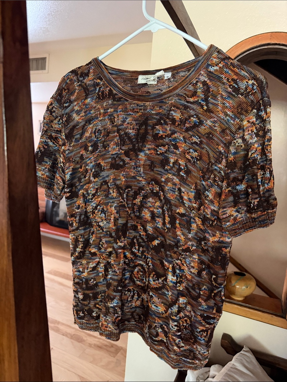Gorgeous Vintage French Rag Rayon knit with Rusts and blues. Abstract deco.